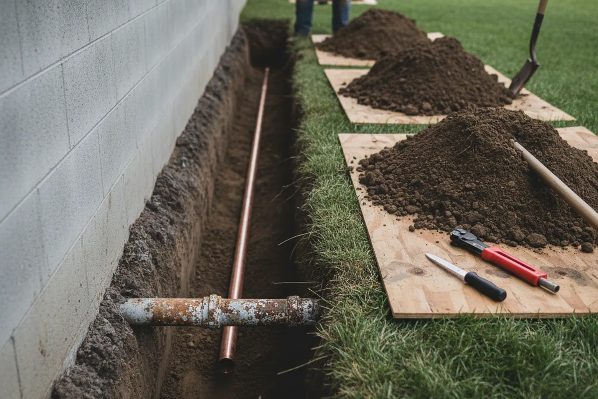 Excavated water line trench during Water Heater Repair in Southington